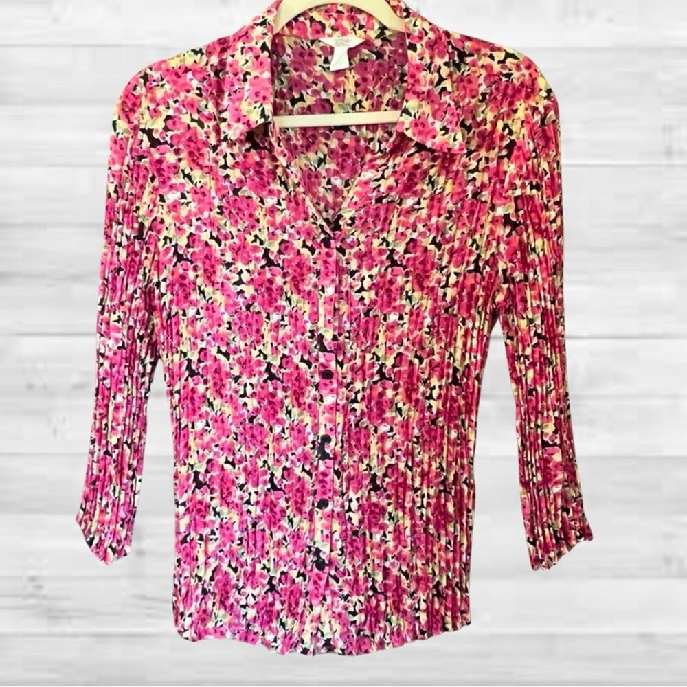 Vintage Christopher & Banks Pleated Vibrant Spring Floral Button Blouse, XL